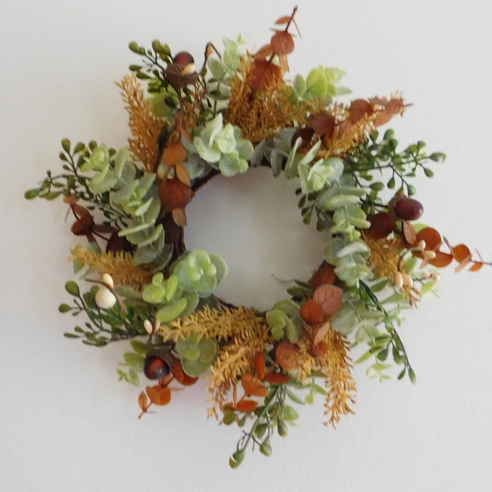 Fall Candle Ring Wreath, Mini Thanksgiving Cabinet Decor, Eucalyptus, acorns